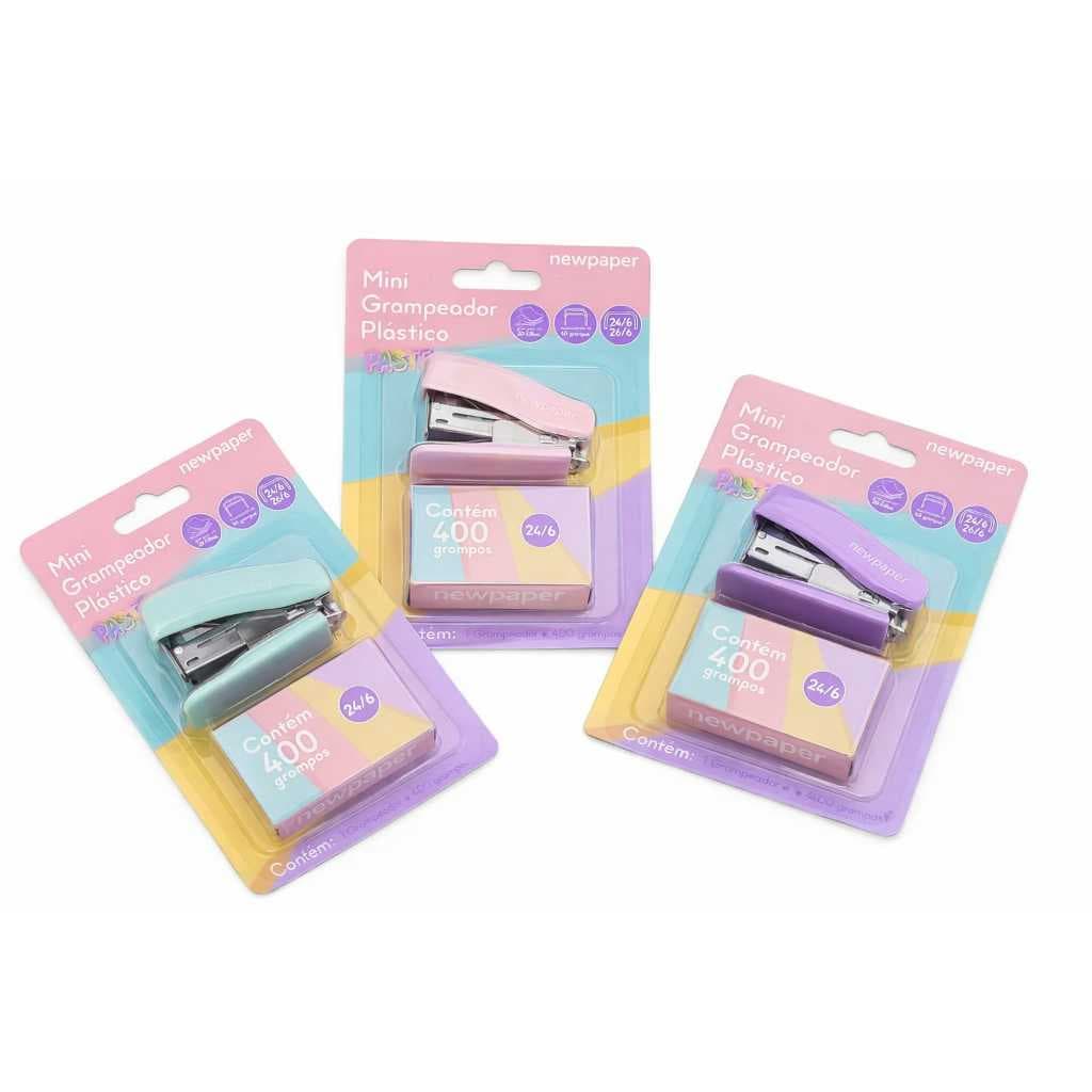 Mini Grampeador De Plastico Tons Pasteis 24/6 Com Grampos Volta às Aulas Material Escolar