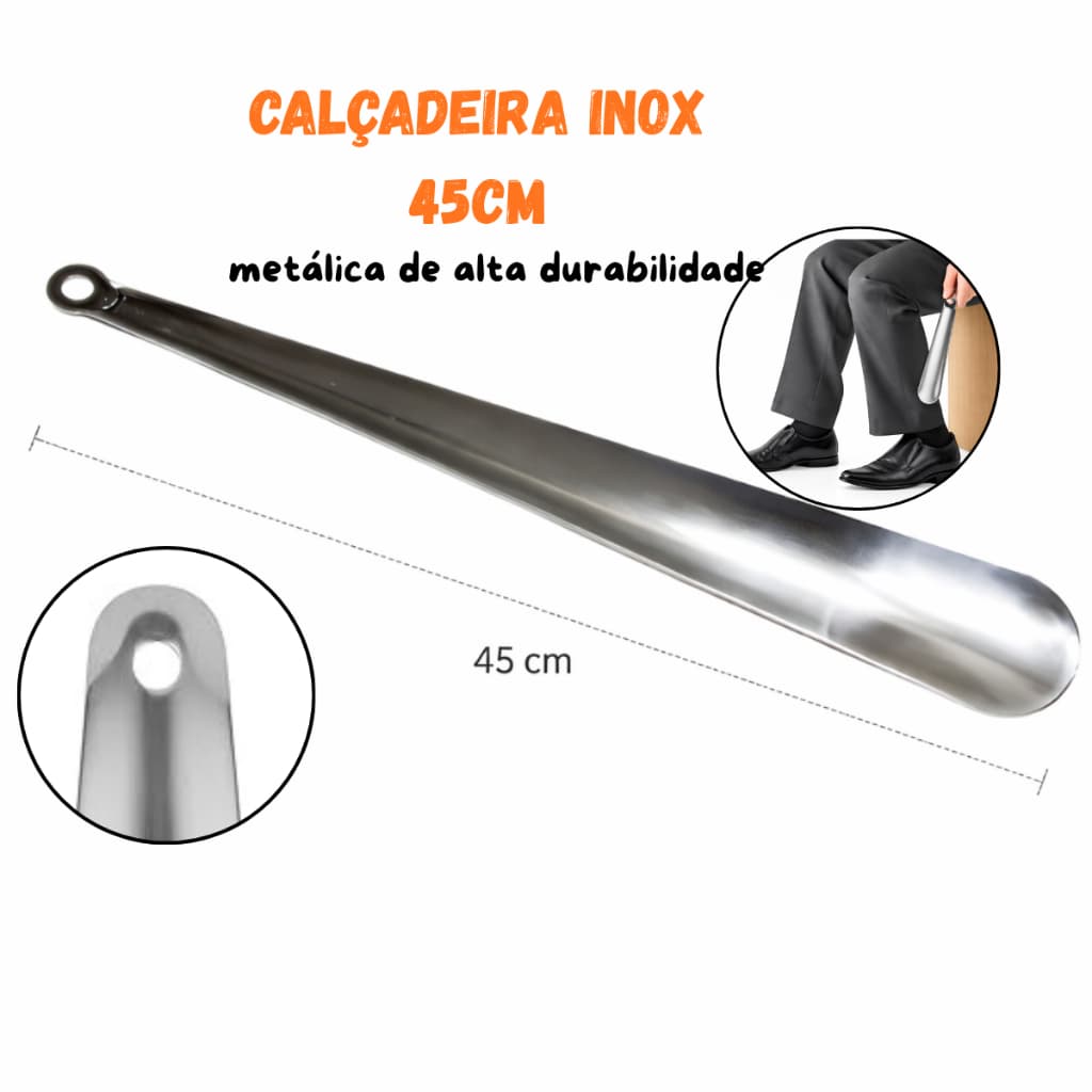 Calçadeira Inox Premium 45cm Para Sapato Tênis e Bota Calçador Metal Resistente Conforto ao Calçar
