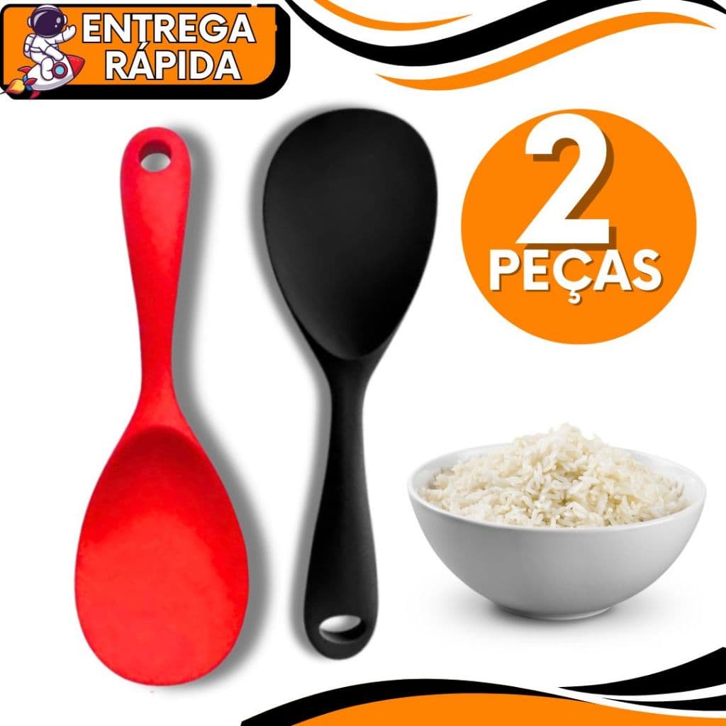 KIT 2 Colheres Cabo Curto  Premium  Silicone Para Refeições Arroz Restaurante Lanchonete Buffet Casa Utensilio Culinário