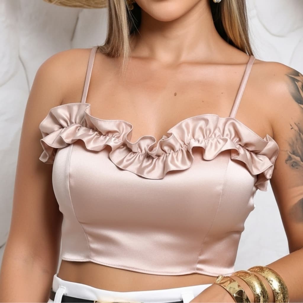 Cropped Top Feminino Blusinha com Babado Com Bojo Blusa Luxo Elegante chique Alça Fina