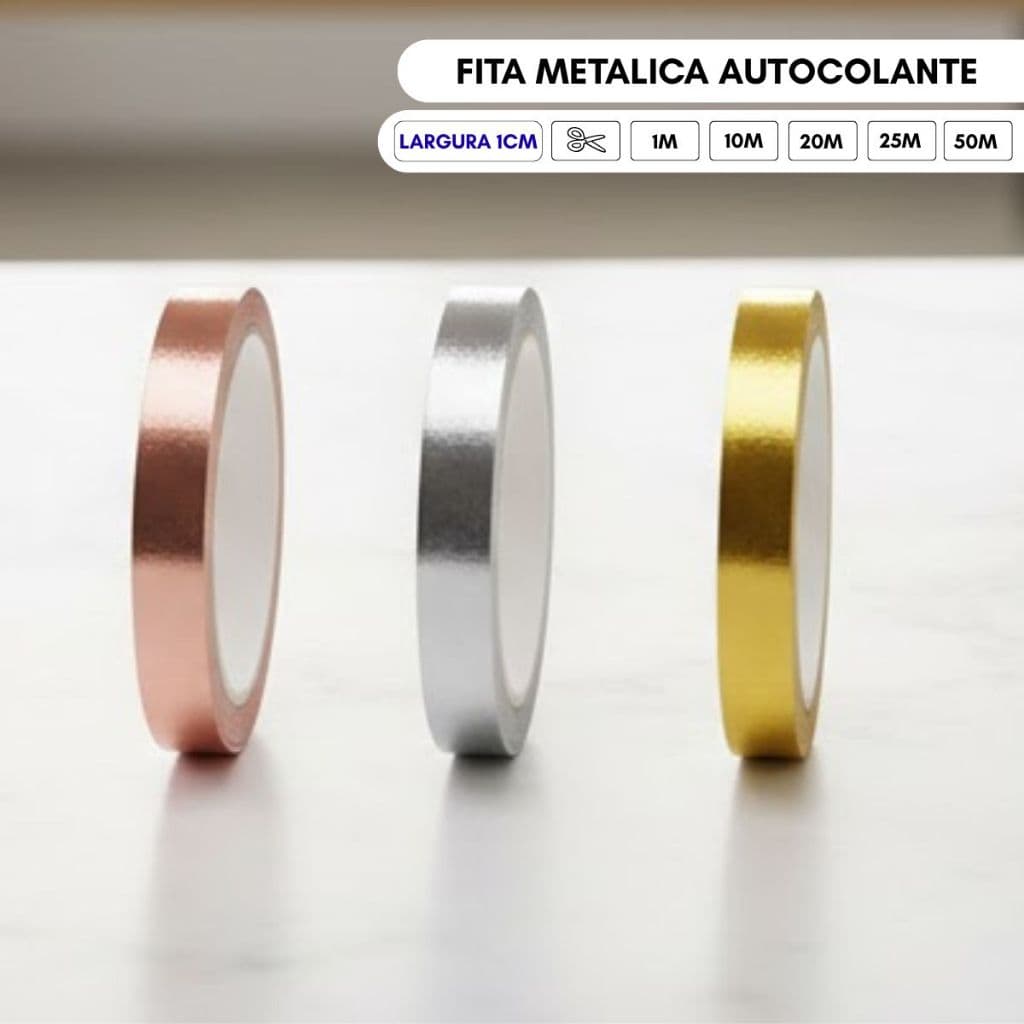 Fita Adesiva Reforçada Efeito Metalizado Dourada Rose Prata Largura 1CM Ideal P/ Casa Decoração