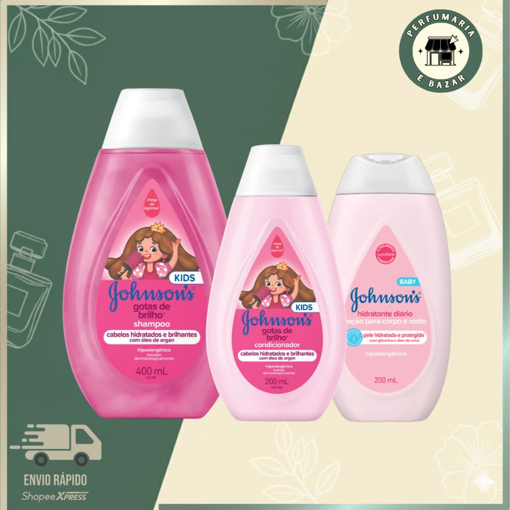 KIT JOHNSON'S BABY Gotas de Brilho - Shampoo + Condicionador + Loçao Hidratante