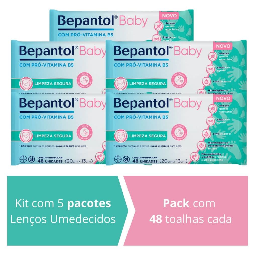 Kit 5 Lenços Umedecidos Proteção Antibac 48un cada Bepantol