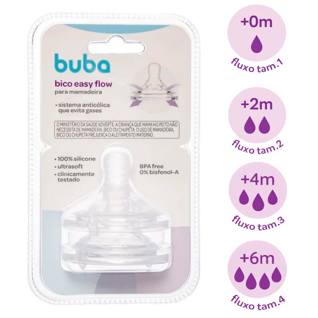 Kit 2 Bicos Mamadeira Buba Easy Flow Anticólica Fluxo Rápido Pétala Silicone Vários Fluxos