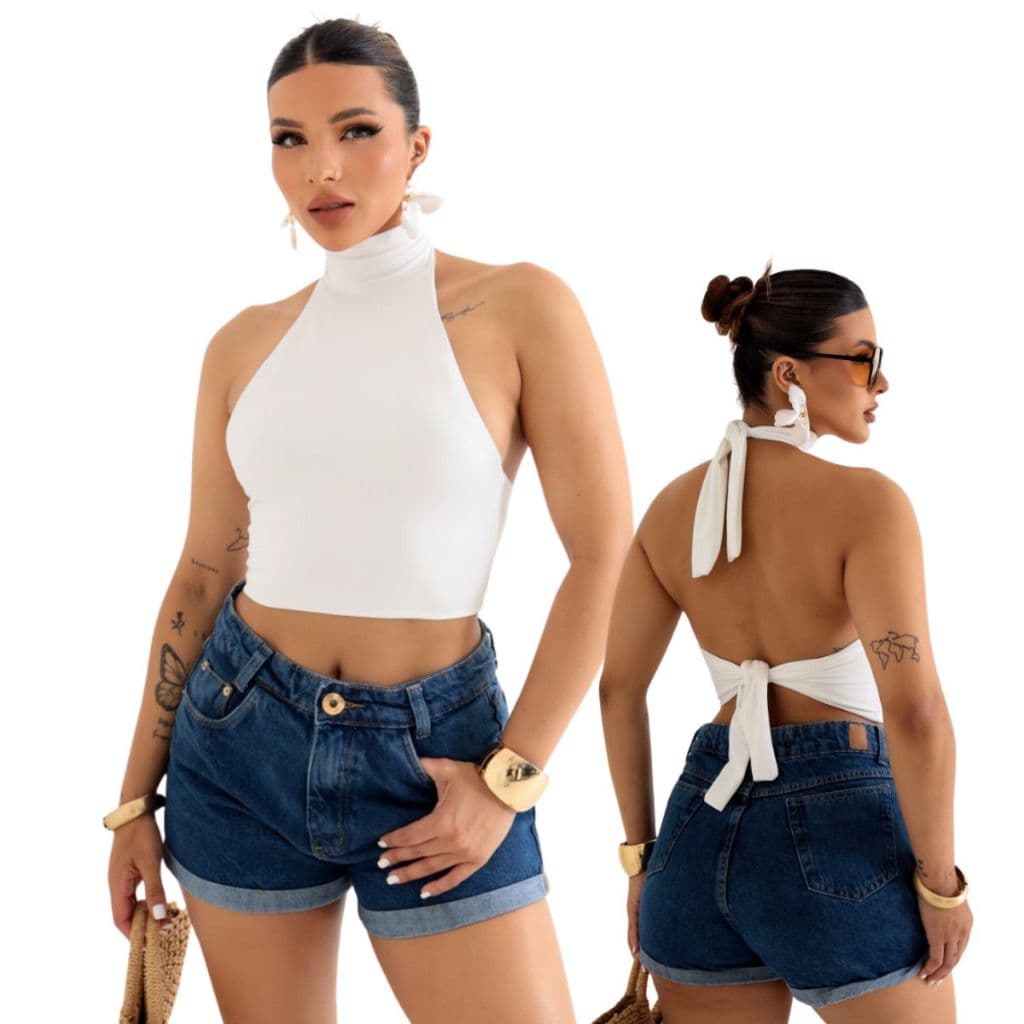 Blusa Cropped Frente Única Gola Alta Costa Nua Com Amarração Duplo Poliamida  Moda Básica Estilosa