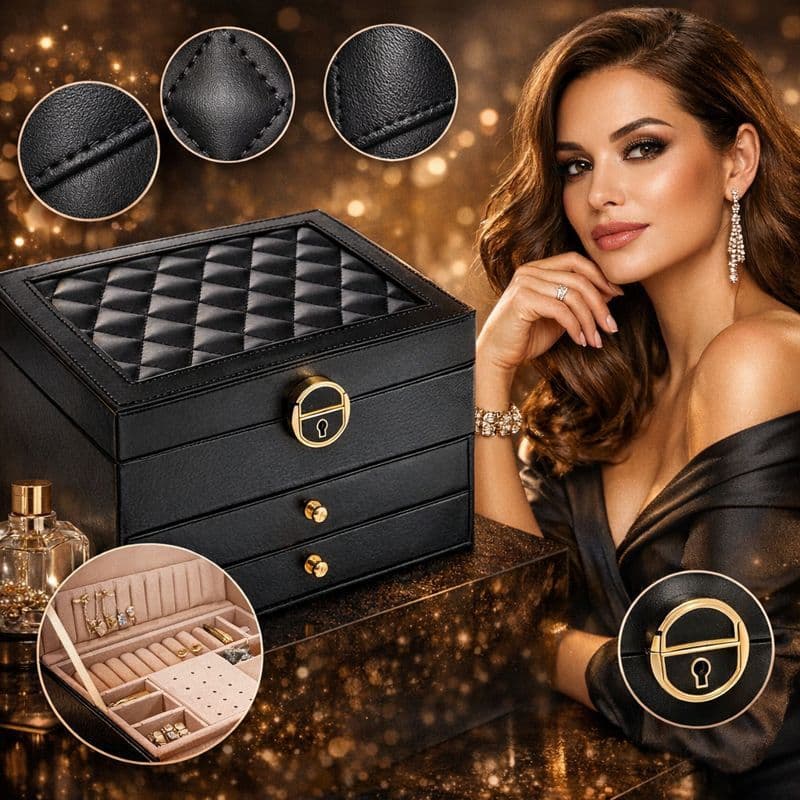 Porta Joias Grande de Luxo 3 Andares com Gaveta | Organizador Multifuncional Feminino Elegante PRETO