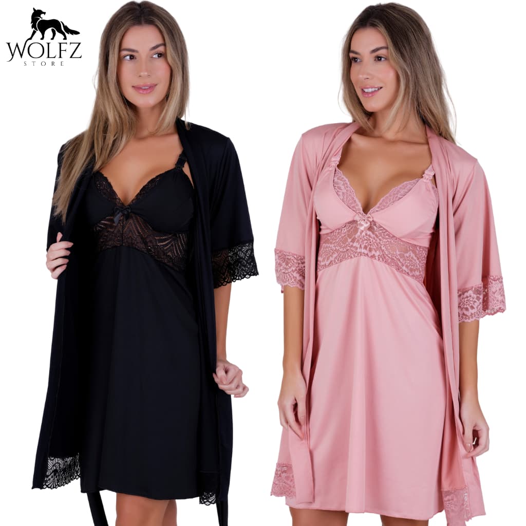 Kit 4 Peças Maternidade: 2 Camisolas Amamentação + 2 Robes Hobby Microfibra Luxo