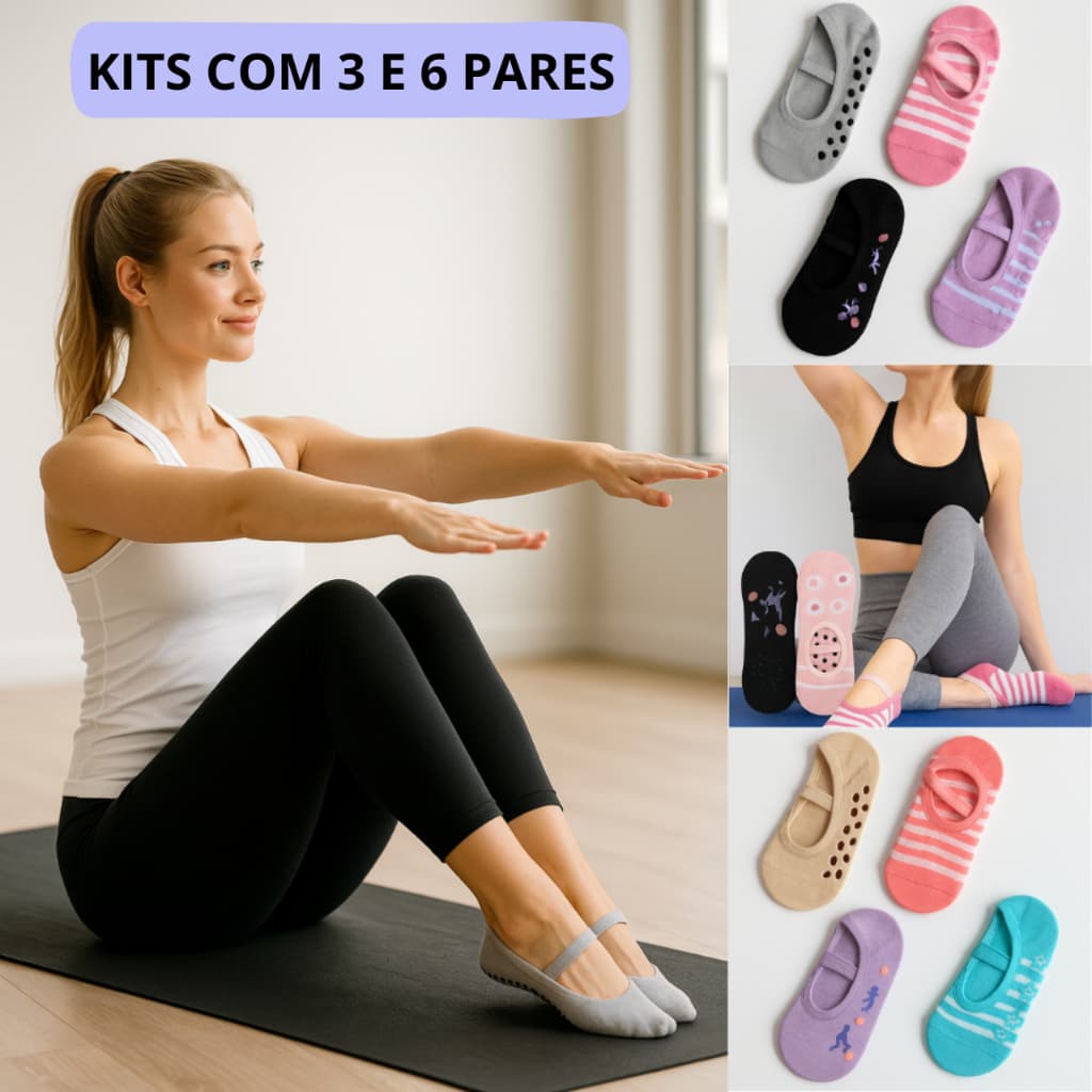Kit Pares de Meia Sapatilha Antiderrapante Pilates Yoga Hidroginástica segura e confortável