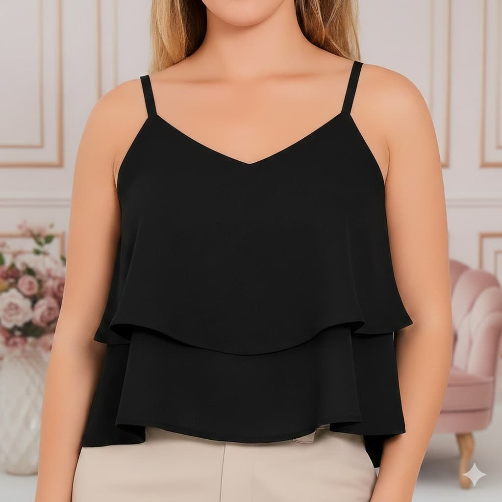 Blusa Regata Feminina 2 Babados Gola V Tecido Crepe Duna Blusinha feminina Alcinha Gola V Tecido Duna