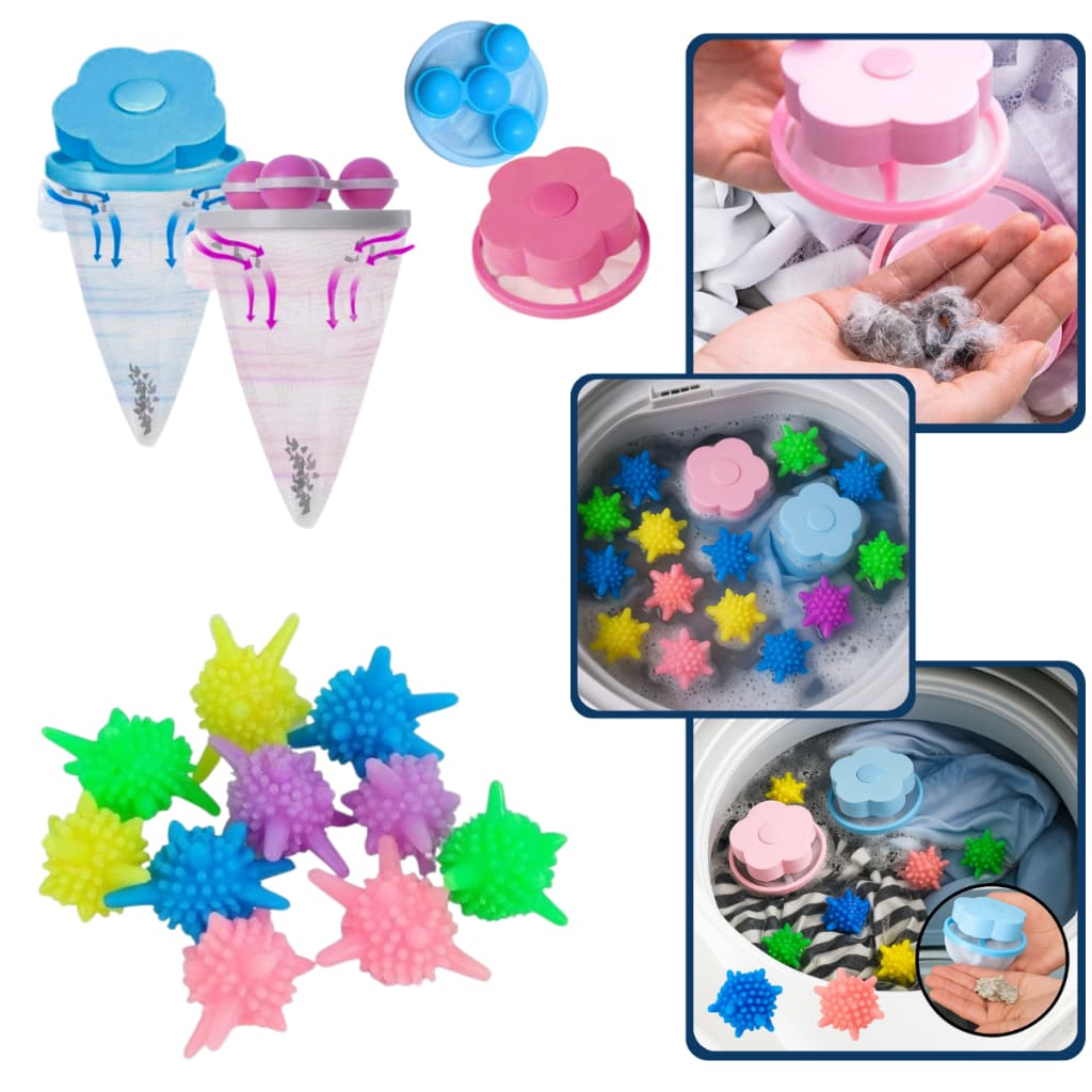 16 Esferas Magicas + 4 Coletores de Pelos Fiapos Filtro Maquina Tanquinho de Lavar Bater Roupas