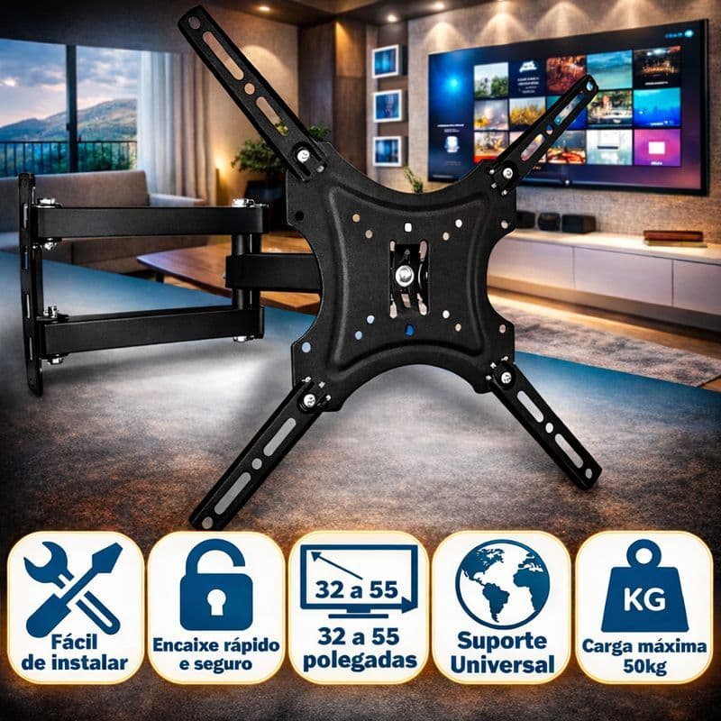 Suporte de Parede Articulado Reforçado p/ TV 32'' a 55'' com Parafusos – Ajustável e Seguro