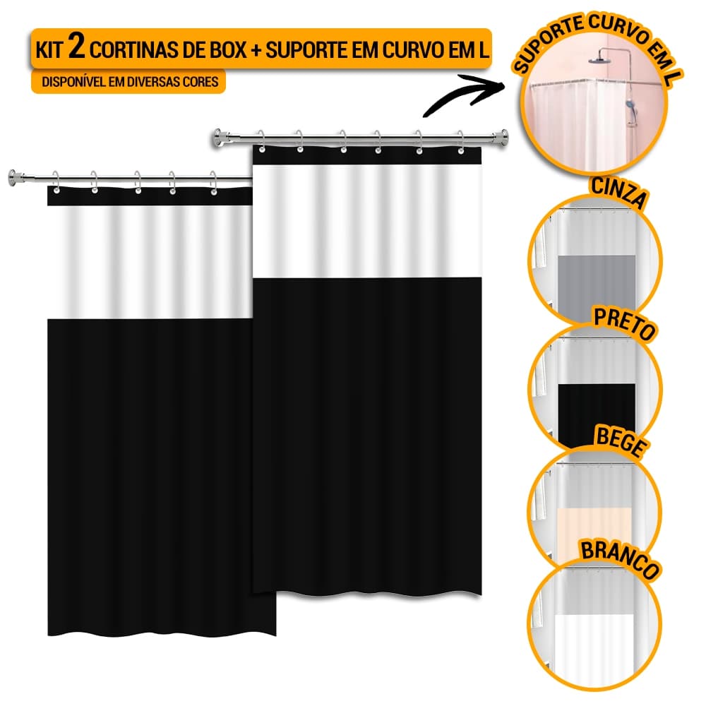 Kit 2 Cortinas de Box Banheiro + Suporte Varão Bastão em L Curvo + Kit Instalação Diversos Tamanhos