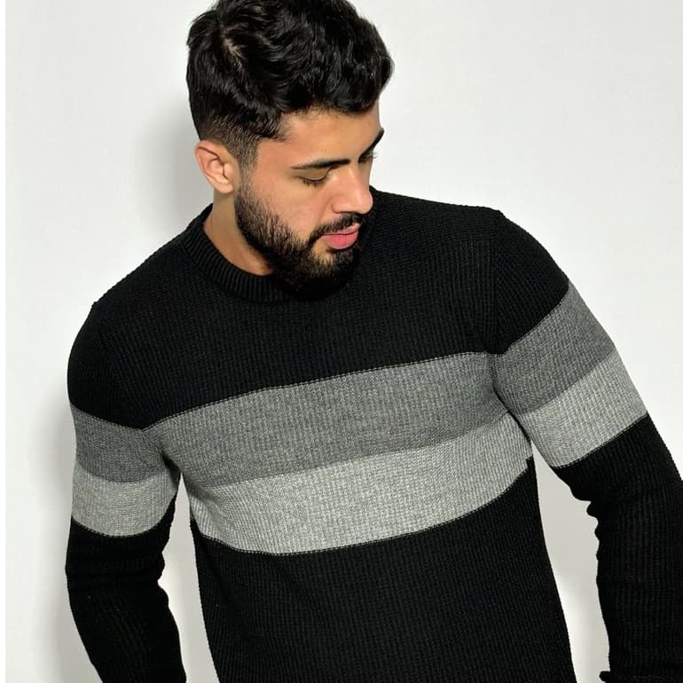 Suéter Masculino de Tricot Listrado com Gola Redonda Estilo Casual Elegante para o Inverno Blusa