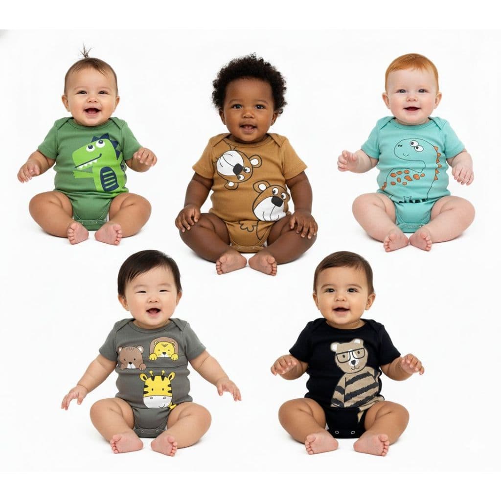 Kit 5 Body manga curta bebe verão estampadas para menino menina