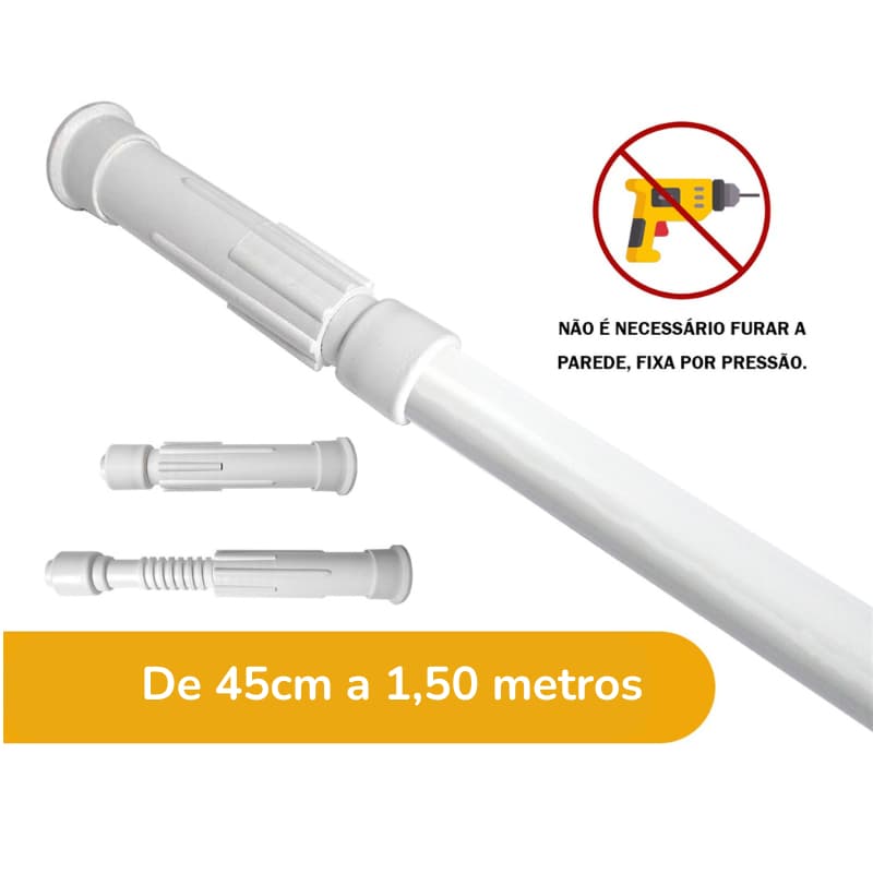 Varao Extensivo de 45cm a 1,50m Sem Furo Ajustável Extensível Cortina Box Banheiro Suporte Branco