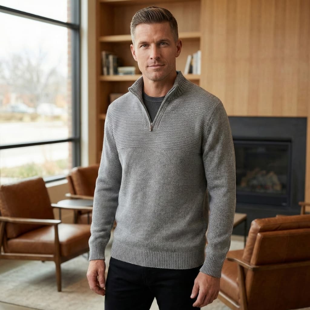 Blusa Meio Zíper Ondas Masculina Tricot Premium Elegante Luxuosa Tendência 2026