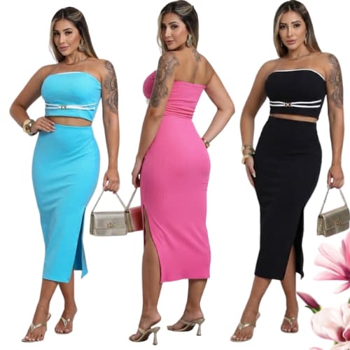 Conjunto Feminino Elegante Top Tomara Que Caia + Saia Com Fenda Lateral Tecido Canelado Anarruga