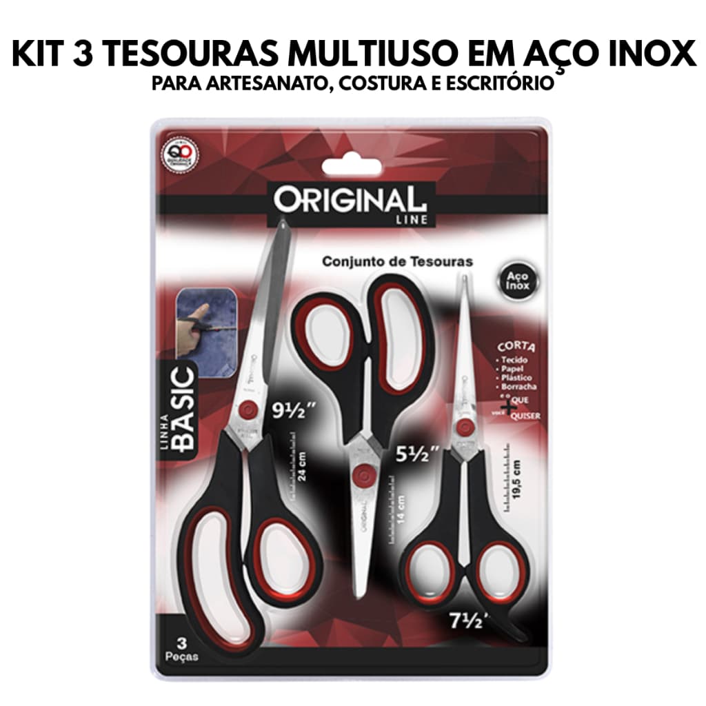 Kit 3 Tesouras Multiuso em Aço Inox Original Line para Artesanato, Costura e Escritório