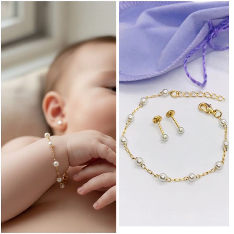kit pulseira+Brinco de pérolas infantil recém-nascido 3mm Banhado a ouro 18k + Saquinho de Veludo.