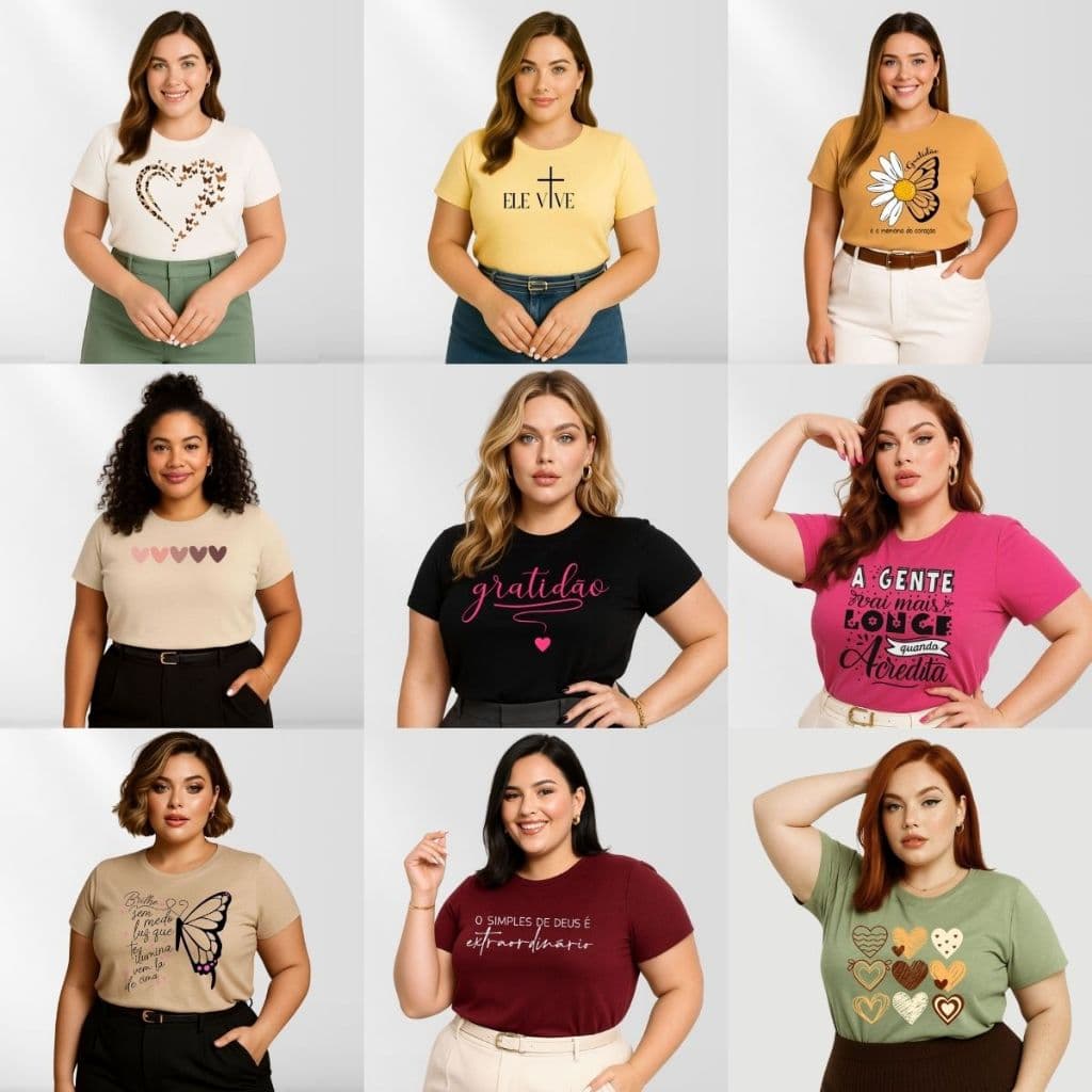 Kit 4 Blusa Feminina Plus Size Manga Curta Gola Redonda Básica Casual