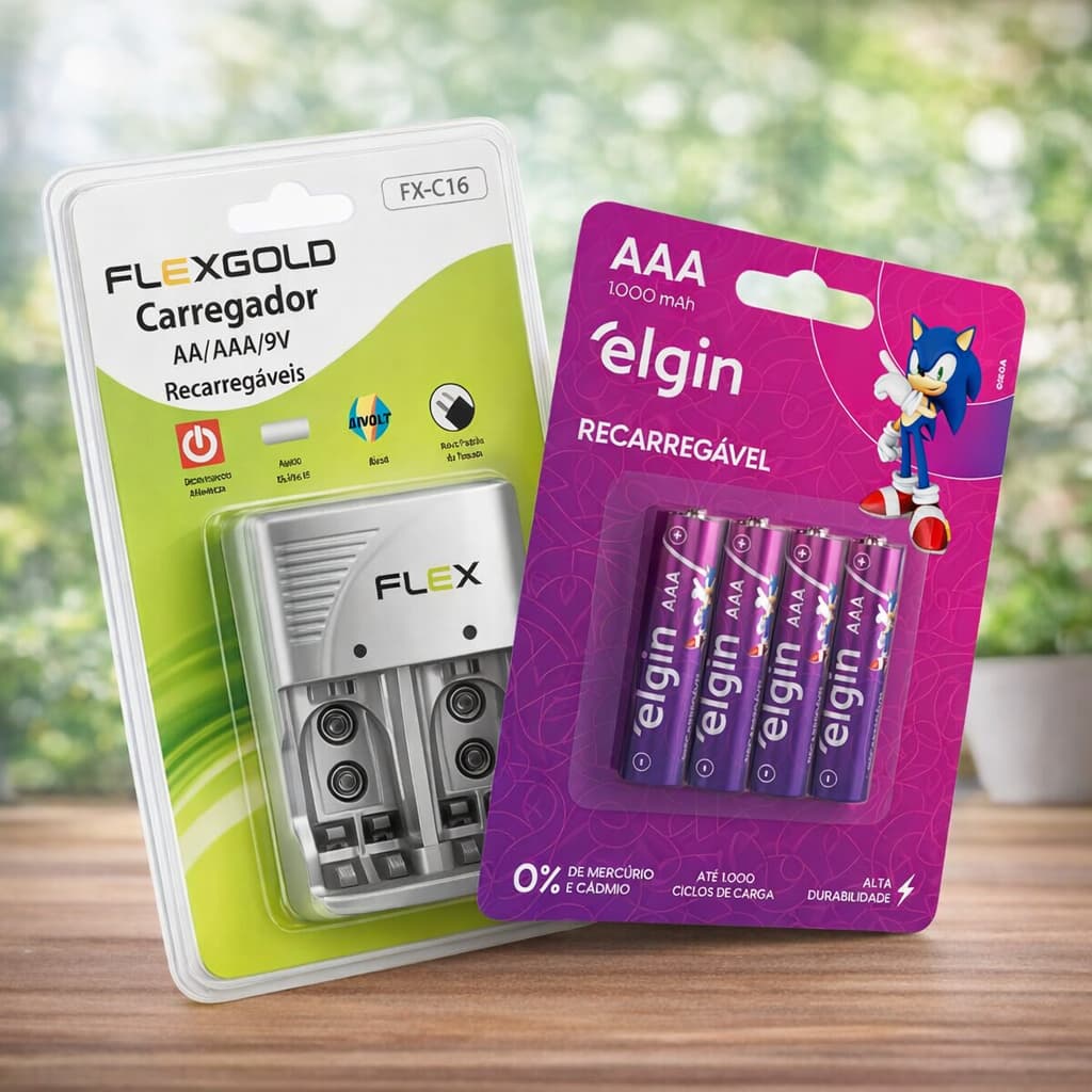 Carregador De Pilhas Aa/aaa/9v + 4 Pilhas Aaa 1000 Mah Elgin