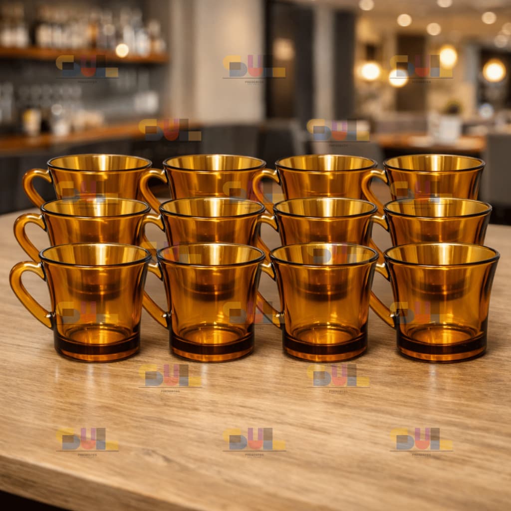 Jogo de Xicara 12 Peças Xicaras 200ml SINO AMBAR Escura Marrom Vidro Chá Café Conjunto Louças Retro