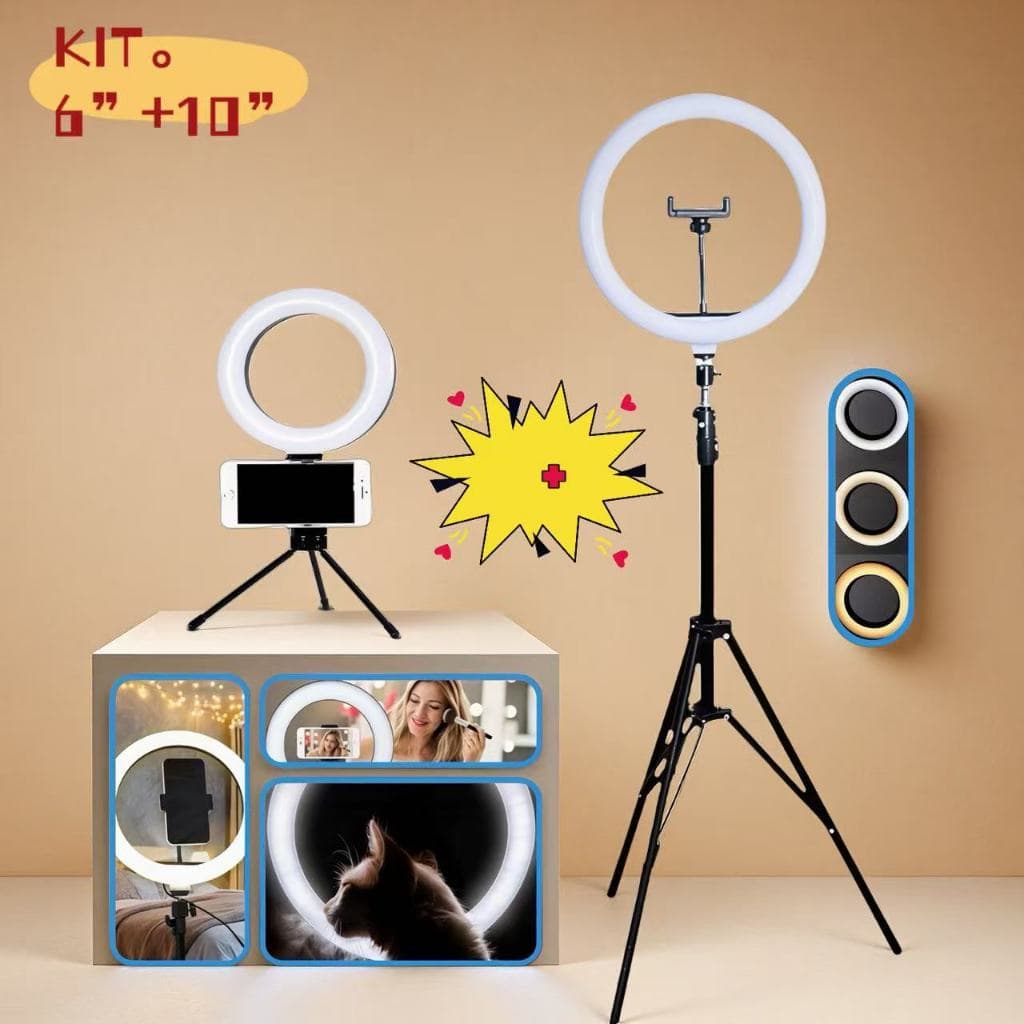 Kit Completo 2 Profissional 6 polegadas Com Suporte Para Celular 19cm e Ring Light 10 Polegadas C/ Tripé 2,10M