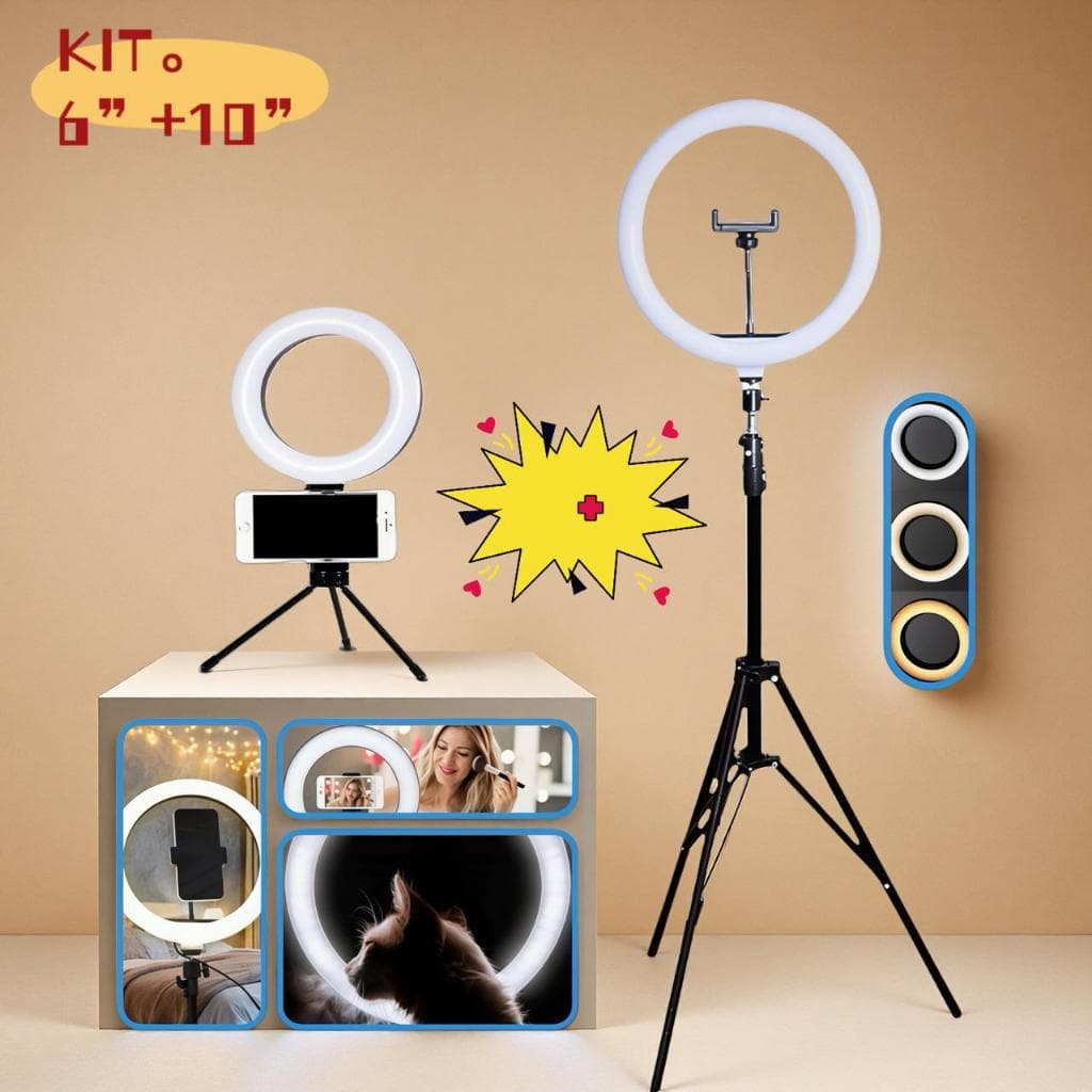 Kit Completo 2 Profissional 6 polegadas Com Suporte Para Celular 19cm e Ring Light 10 Polegadas C/ Tripé 2,10M