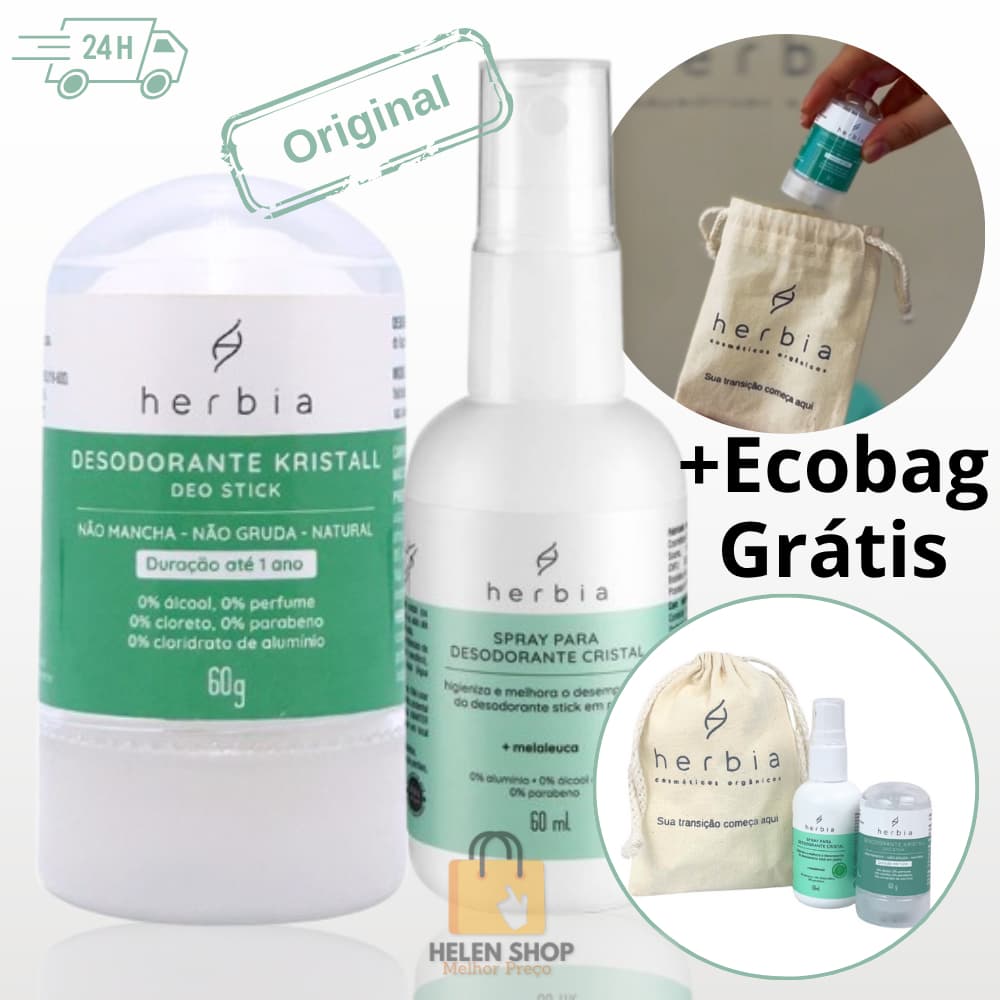 Kit Desodorante Cristal 60g + Spray de Melaleuca + ECO BAG GRÁTIS - Herbia Kristall bolsa Stick