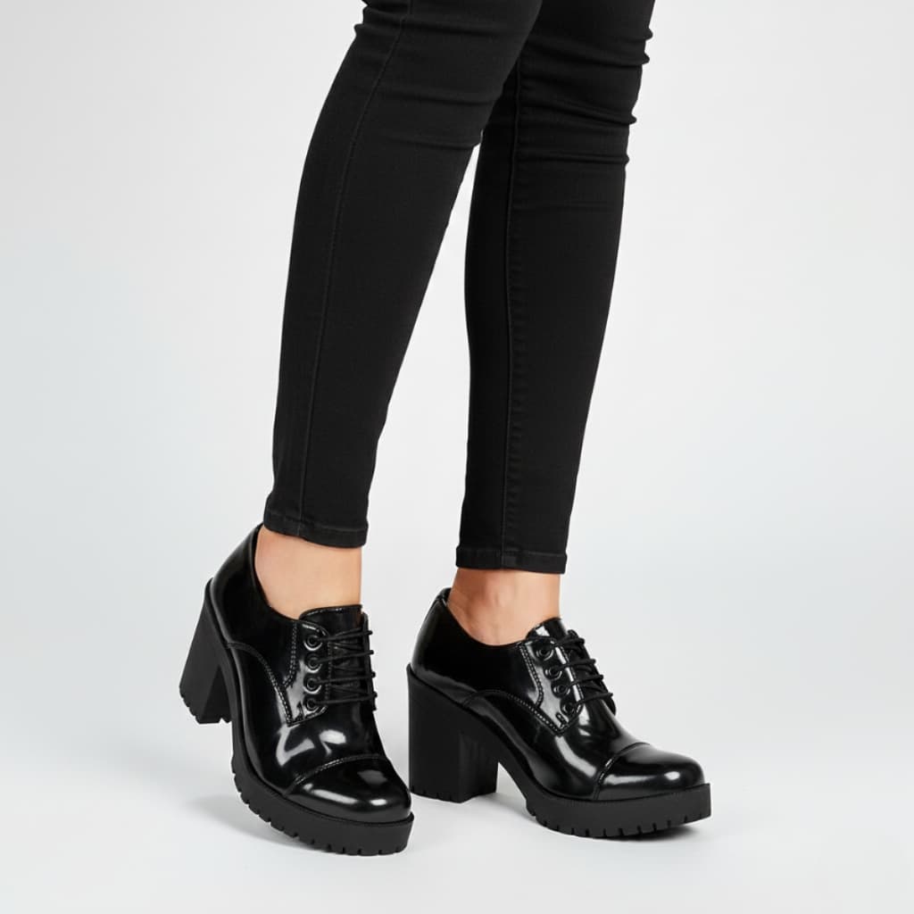 Sapato Feminino Estilo Oxford Verniz Salto Médio Tratorado Conforto Moderno Estilo Elegância