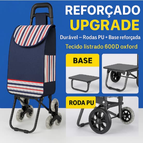 Carrinho de Feira 3 Rodas Sobe Escada Dobrável 60kg Oxford 600D Reforçado Compras Mercado rodas de Cristal resistentes