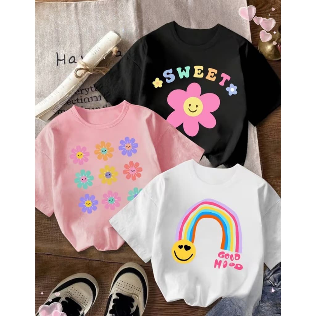 Kit 3 Camisetas T-Shirt Florzinha Algodão Femininas Blogueirinha Teen Gola Redonda Infantil