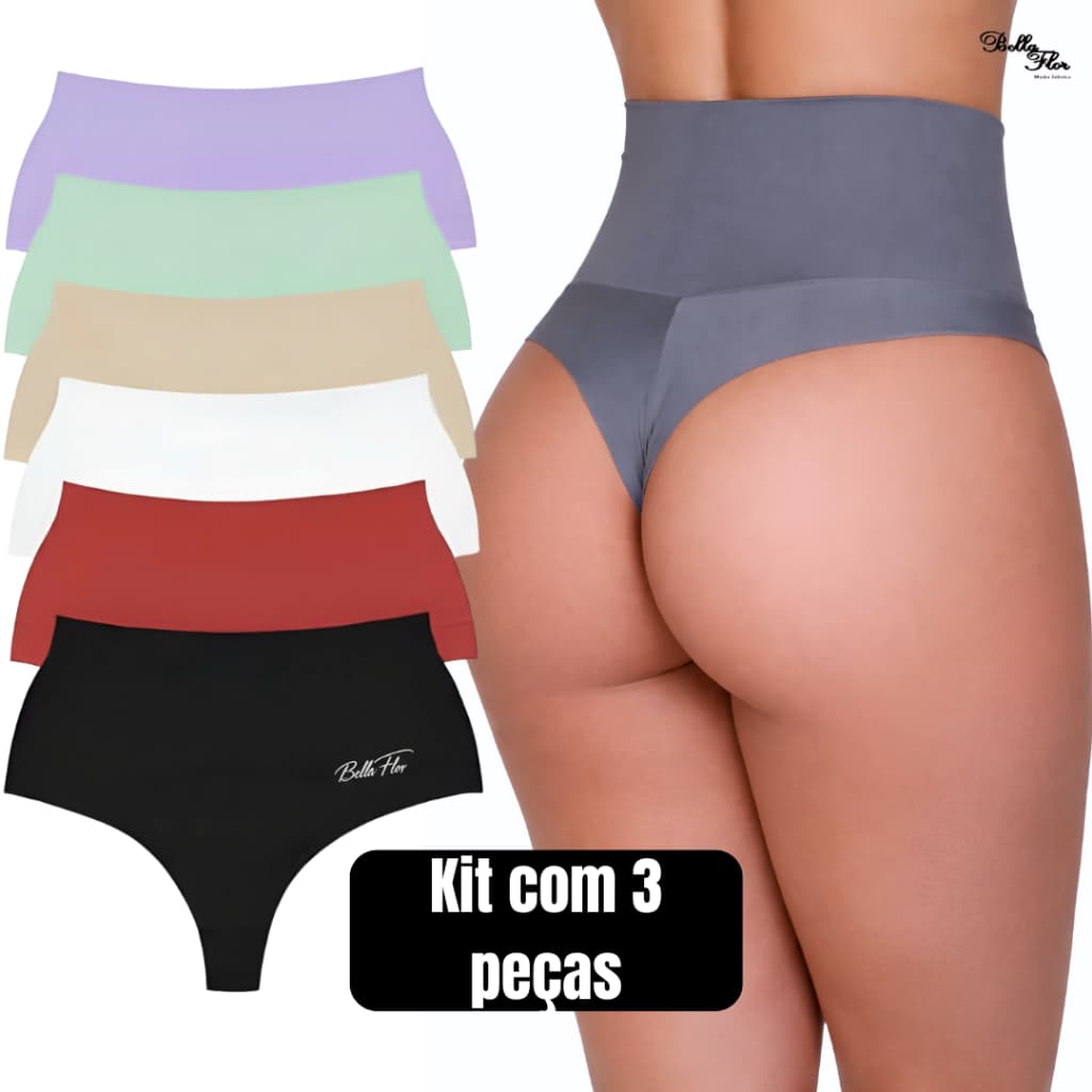 Kit com 3 Calcinhas Modeladoras Cintura Alta Cós Duplo Fio Duplo Segura Barriga Fitness Pós Parto