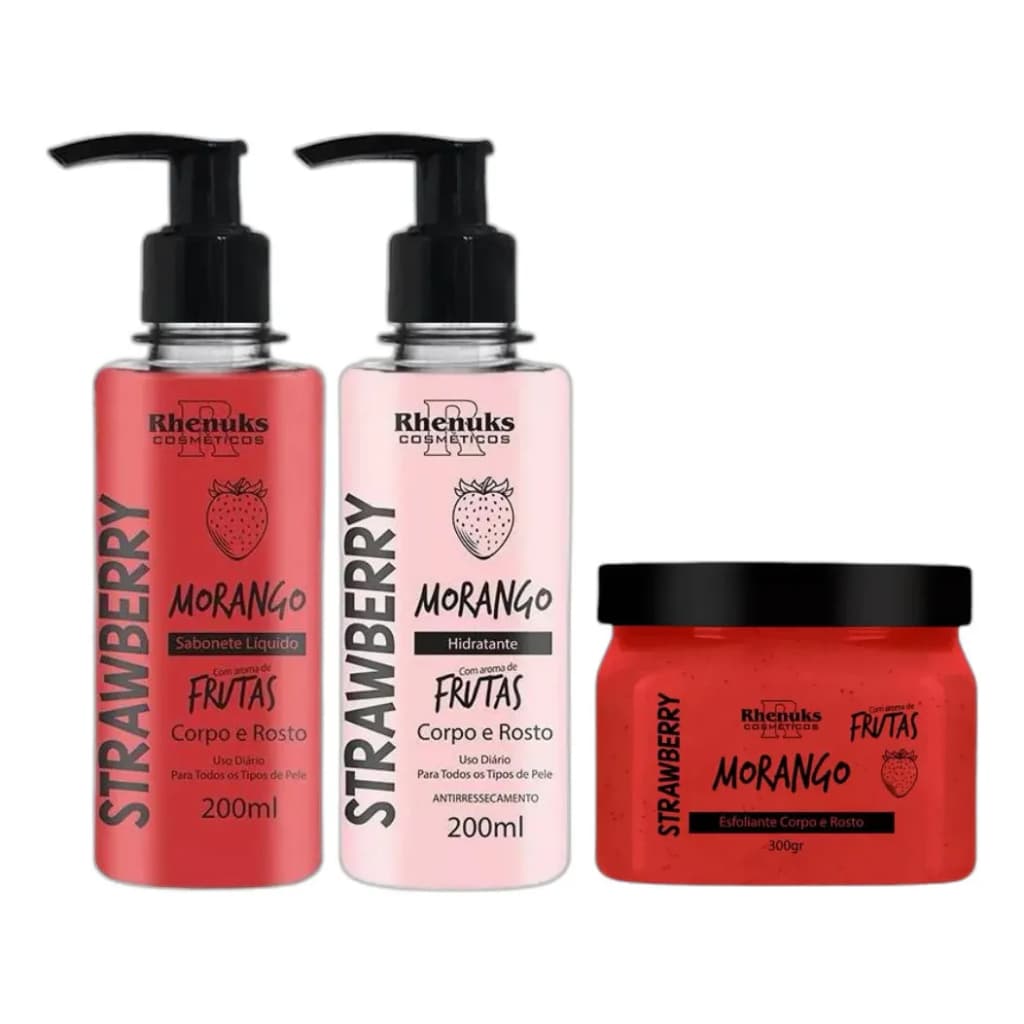 Kit Morango Corpo E Rosto: Hidratante, Sabonete, Esfoliante
