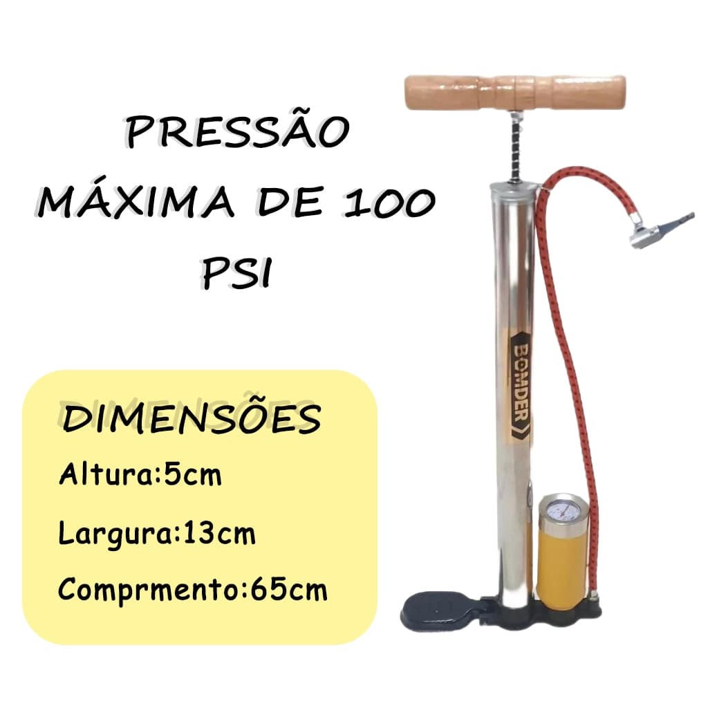 Bomba De Ar 620mm encher Pneu Bicicleta Bike Moto Bola em Aluminio com Manometro Bico Fino e Grosso
