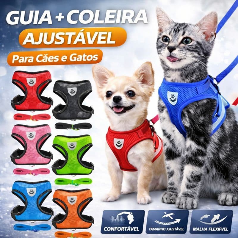 Guia com Coleira de Malha Flexível e Colete Peitoral Ajustável para Cães e Gatos