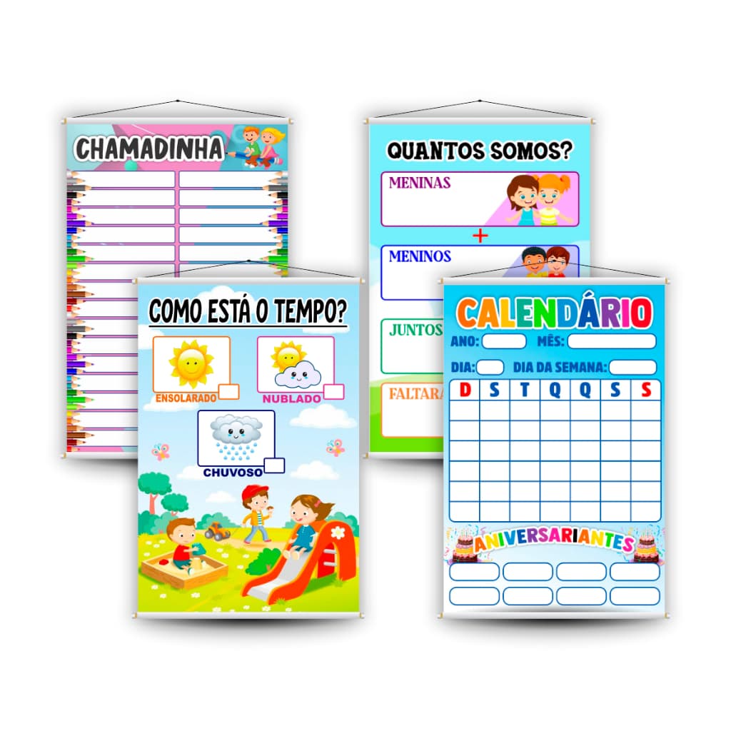 Kit 4 Banners Educativos Infantis – Rotina Escolar, Calendário, Chamadinha e Clima da Sala de Aula
