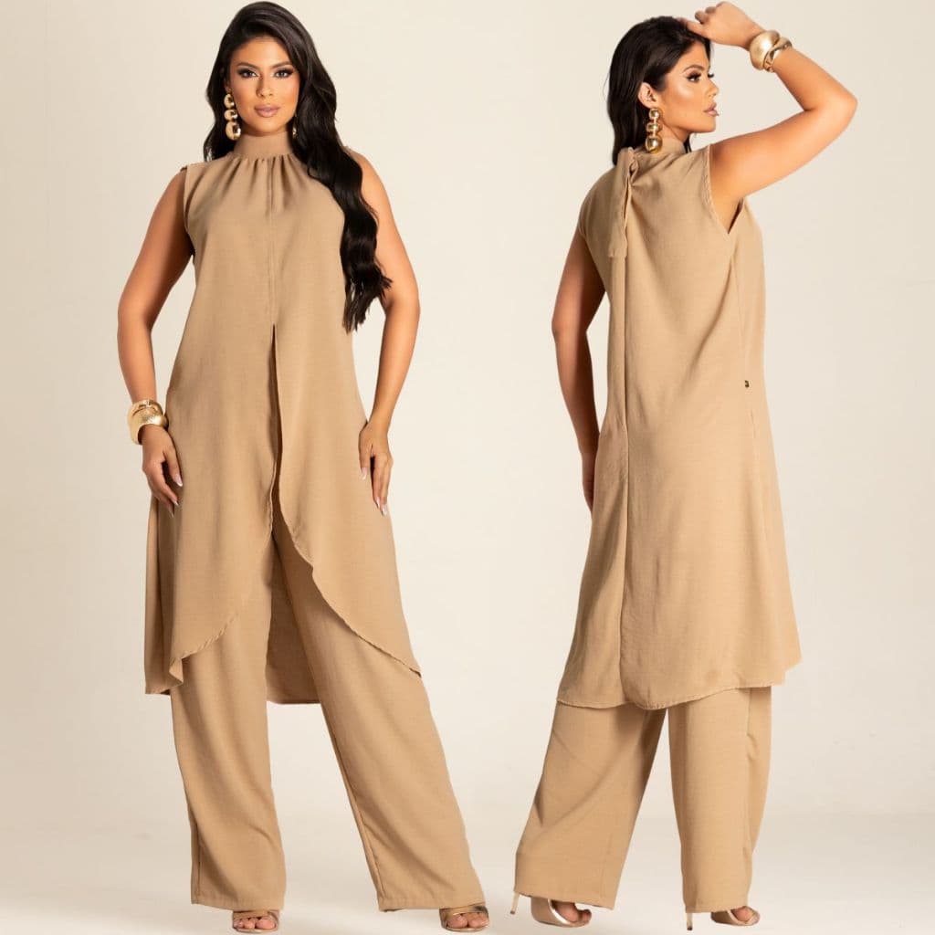 ⁠Conjunto Feminino Blusa Calça e Pantalona Tecido Crepe dunas Elegante Perna Larga Wide Leg