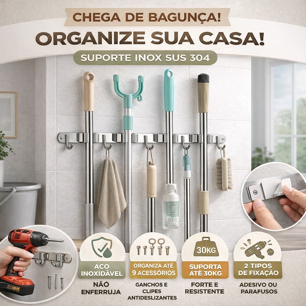 Suporte Vassoura Inox Parede 9 Acessórios Porta Vassoureiro Organizador com Ganchos