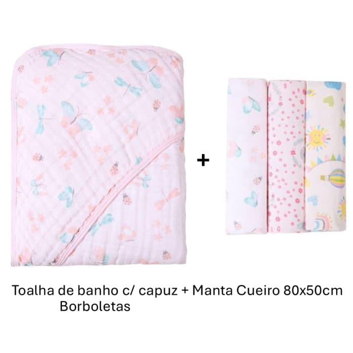 Kit Toalha de Banho Fralda Soft com Capuz para Bebê + Manta Cueiro Grande ou Pequeno