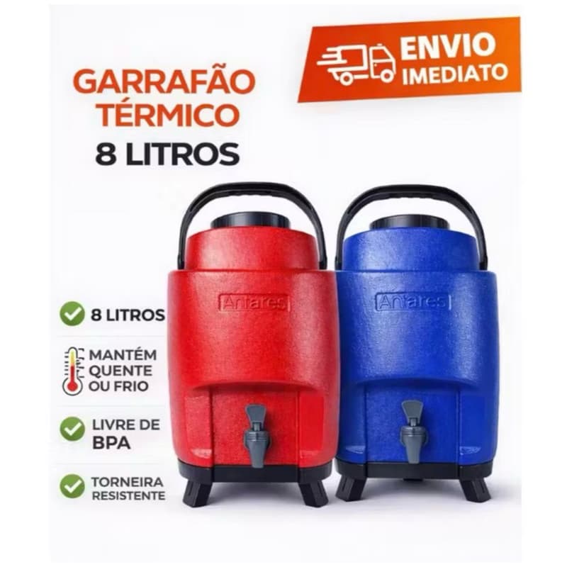 Garrafa Térmica 12/8 Litros C/ Torneira Vermelho Garrafão Alça Pé  Antares Botijão Térmico Galão