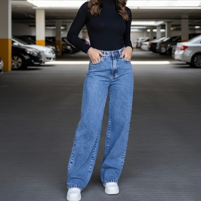 Calça Jeans Feminina Wide Leg pantalona Cintura Alta Tecido calça wide leg jeans resistente