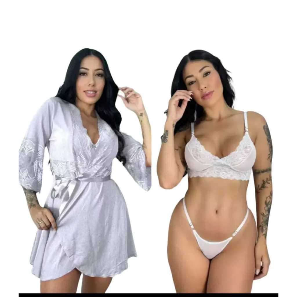 Kit robe com conjunto de tule com renda lingerie feminina 3 peças robe com amarração fita de cetim