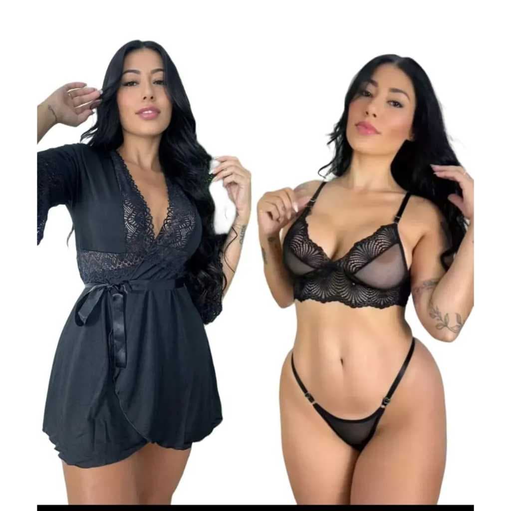 Kit robe com conjunto de tule com renda lingerie feminina 3 peças robe com amarração fita de cetim