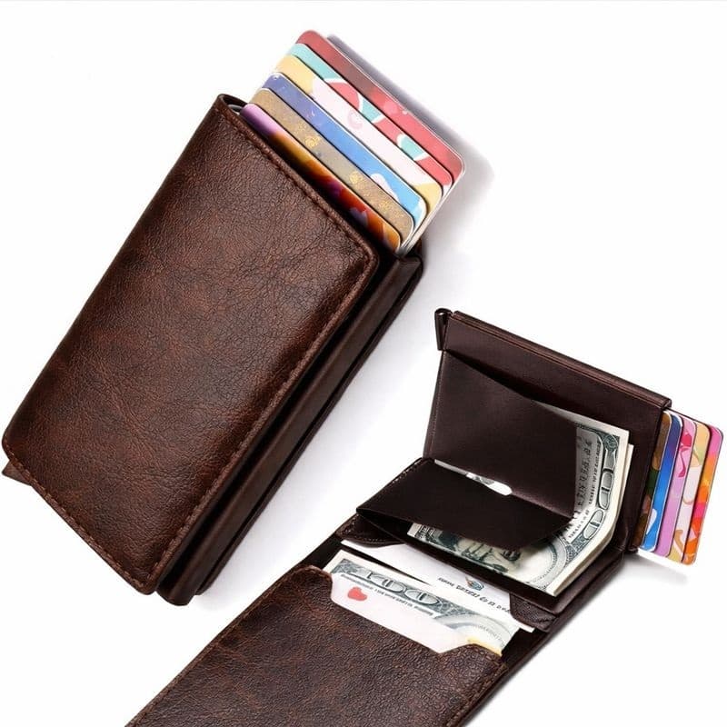 Carteira Masculina Slim Couro com Porta Cartão Automático Pop-Up Antifurto RFID – Design Moderno e Compacto