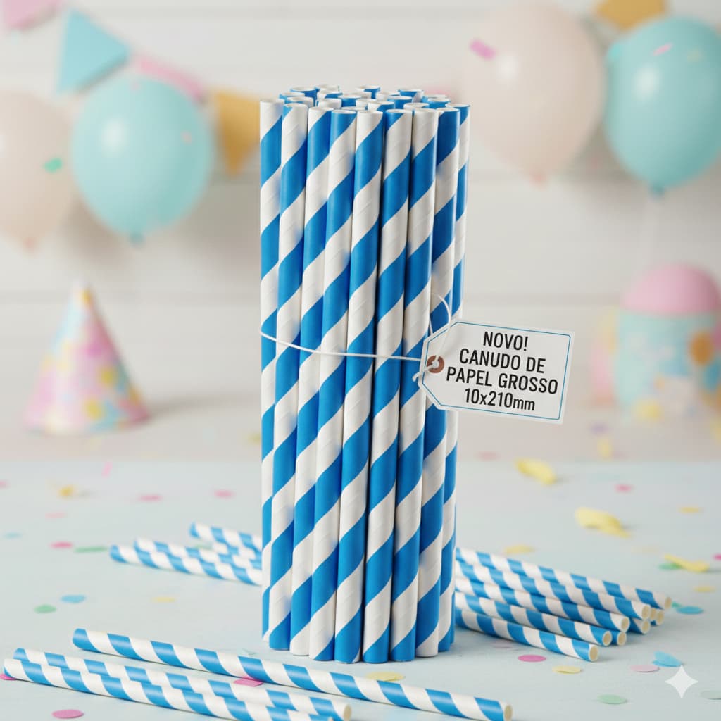 100 Canudo De Papel Grosso Colorido Listrado Branco e Azul Milk Shake Vitamina Biodegradável 10 x 210 mm