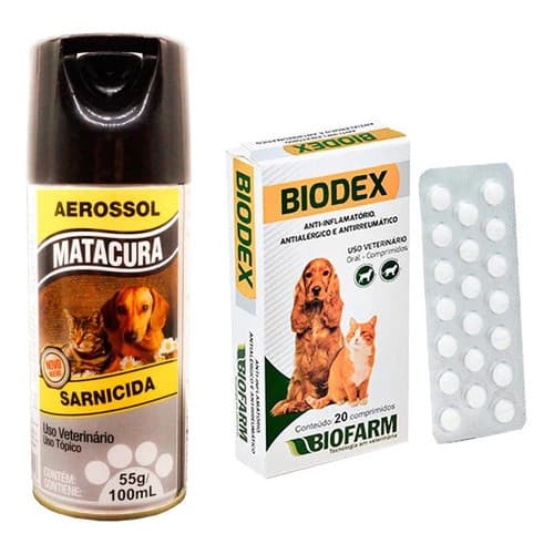 Kit Matacura Spray e Biodex 20 Comprimidos Remédio Contra Sarnas e Queda de Pêlo