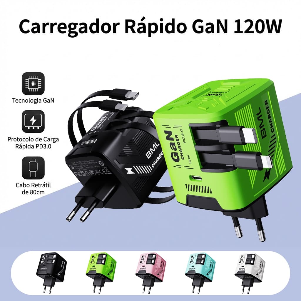 Carregador De Parede Portátil De Cabo Duplo GaN 120W Adaptador De Carregamento Rápido De Alta Potência Com Retrátil De 8
