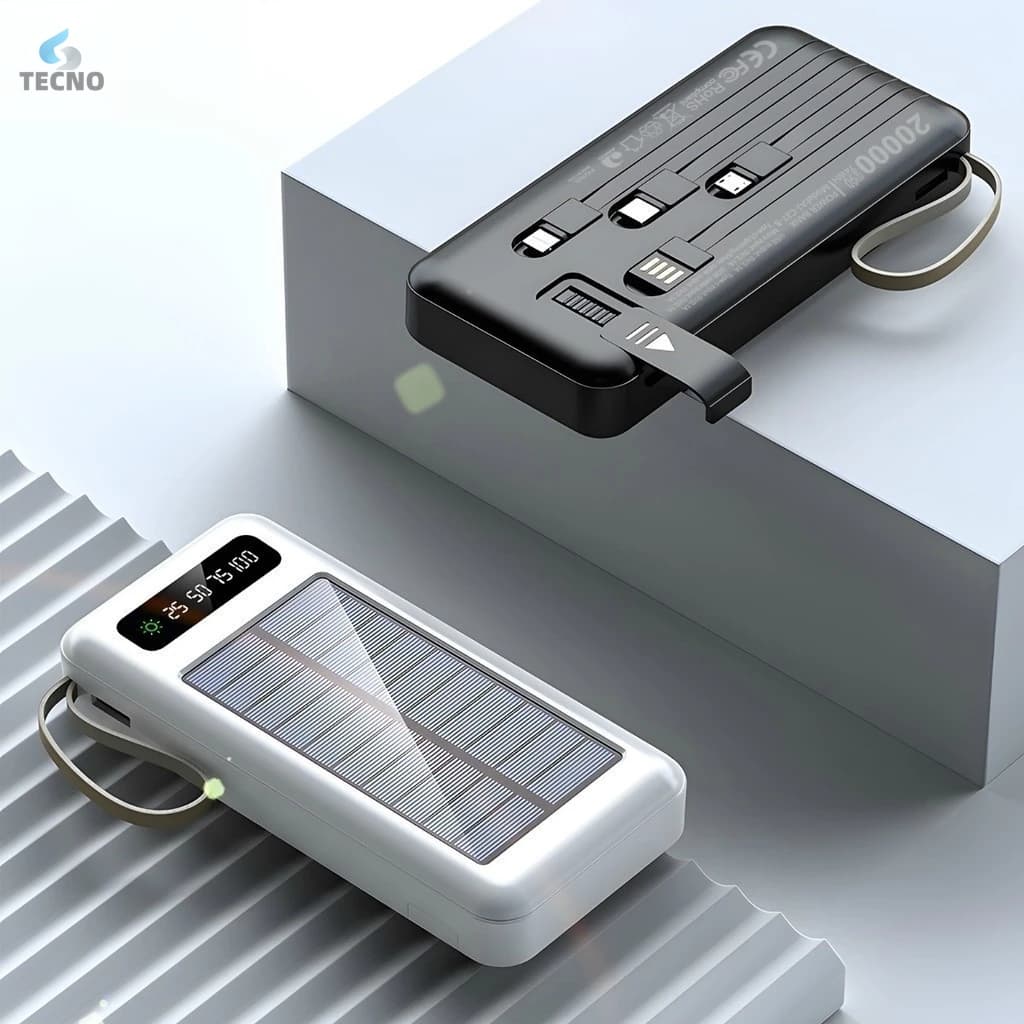 20.000mah Carregador Portátil Power Bank Solar 5 Em1 LED lanterna COM Saida 4 Cabos TECNO