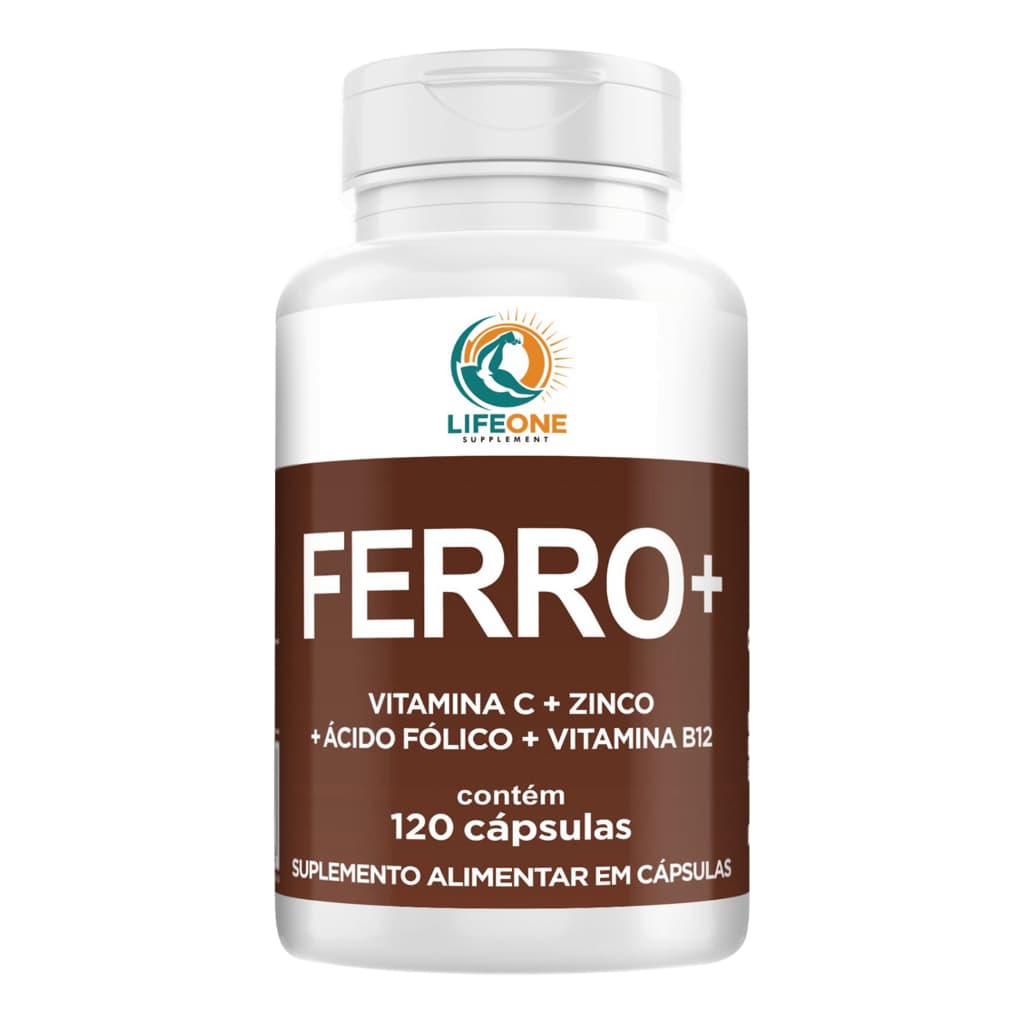 Ferro Quelato com Vitamina C, Zinco, Ácido Fólico e Vitamina B12, 120 Cápsulas, Life One